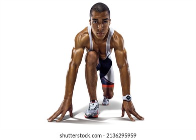 Athletic runner on the start. Sports background. - Shutterstock ID 2136295959