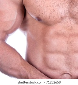  Athletic Sexy Attractive Male Body Builder, Demonstrating Contest Pose. Studio Shot