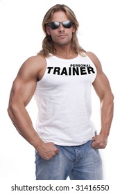 Athletic Sexy Male Body Builder With The Blonde Long Hair. Gladiator