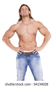 Athletic Sexy Male Body Builder With The Blonde Long Hair. Gladiator