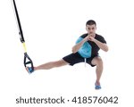 Athletic trainer on functional loops for training isolated on white background.