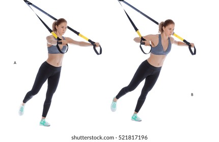 Athletic Woman Performing A Functional Exercise With Suspension Cable.