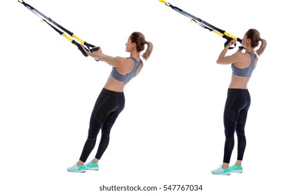 Athletic Woman Performing A Functional Exercise With Suspension Cable.