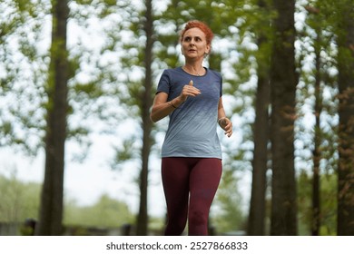 Athletic woman running in the park in the morning hours, early autumn, overcast - Powered by Shutterstock