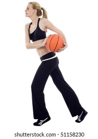 An Athletic Woman Shooting A Basketball  Isolated Over White Background