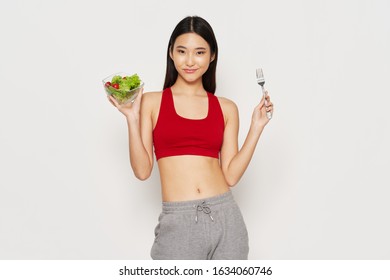 Athletic Woman Slim Figure Eating Food Health Products