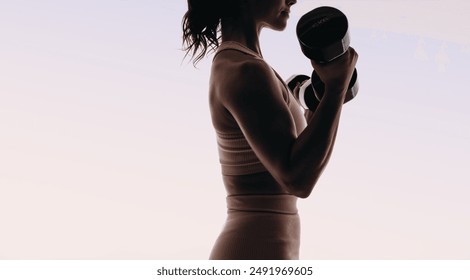 An athletic woman in sportswear does a full body workout routine. Silhouetted against a pink background, using dumbbells and weightlifting equipment to build muscle, improve her physique. - Powered by Shutterstock