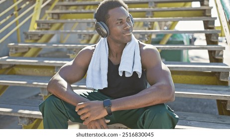 Athletic young african american man with headphones resting on urban stairs outdoors, exuding a sense of health and wellbeing. - Powered by Shutterstock