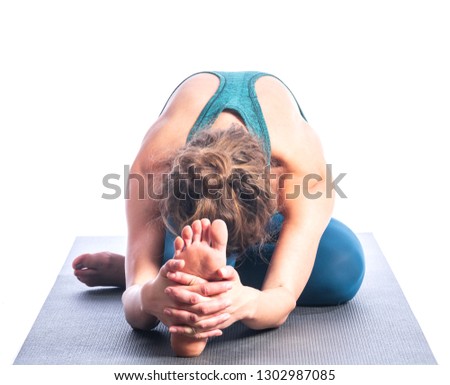 Similar – Image, Stock Photo Young woman stretching legs by sea pier