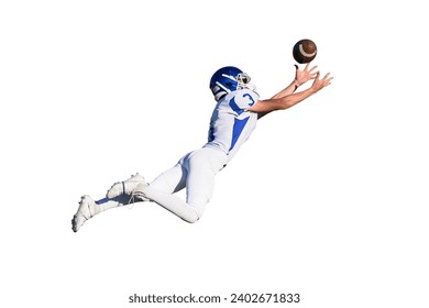 Athletic young football players making amazing plays running with, catching, kicking and throwing the ball during competitive games - Powered by Shutterstock