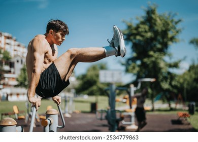 Athletic young man performing an intense parallel bars exercise in an outdoor gym, showcasing strength and fitness on a sunny day. - Powered by Shutterstock