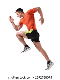 Athletic Young Man Running On White Background, Side View