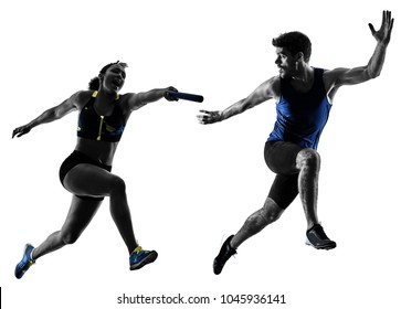 Athletics Relay Runners Sprinters Running Runners In Silhouette Isolated On White Background