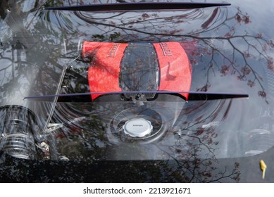 Atibaia - Brazil, October 7, 2022: Top View Of Ferrari F8 Tributo V8 Engine Parked On The Street. Mid Engine Rear Drive Sports Car. Ferrari Is An Italian Luxury Sports Car Based In Maranello, Italy