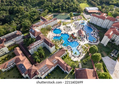 Atibaia, Sao Paulo, Brazil. October 08 2022: aerial image of the Hotel Resort Tauá with its buildings, swimming pools, tree-lined streets and guests strolling. - Shutterstock ID 2211602699