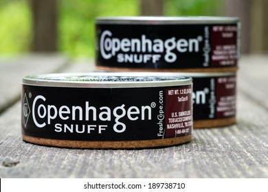 ATLANTA - APRIL 28, 2014: Cans Of Copenhagen Snuff, A Smokeless Tobacco Product.