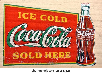 ATLANTA, GA -10 MAY 2015- Old Billboard Sign Advertising Ice Cold Coca Cola Soda Drink In Its City Of Birth, Atlanta, Georgia.