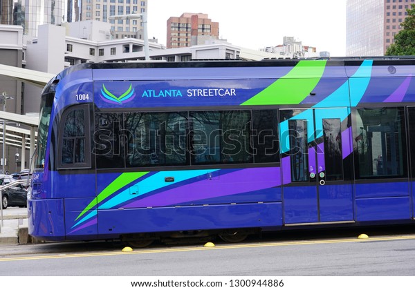 ATLANTA, GA -4 JAN 2019- View of a tram\
car on the street in downtown Atlanta,\
Georgia.