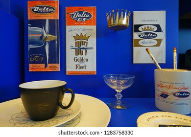 ATLANTA, GA -7 JAN 2019- Vintage Travel Memorabilia From Delta Airlines (DL) At The Delta Flight Museum, Located At The Hartsfield-Jackson Atlanta International Airport (ATL), The Main Hub For Delta.