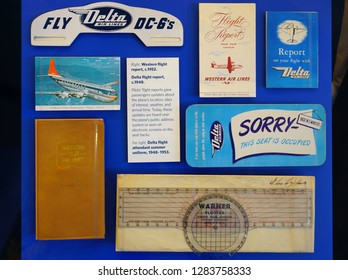 ATLANTA, GA -7 JAN 2019- Vintage Travel Memorabilia From Delta Airlines (DL) At The Delta Flight Museum, Located At The Hartsfield-Jackson Atlanta International Airport (ATL), The Main Hub For Delta.