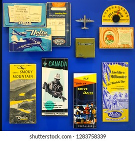 ATLANTA, GA -7 JAN 2019- Vintage Travel Memorabilia From Delta Airlines (DL) At The Delta Flight Museum, Located At The Hartsfield-Jackson Atlanta International Airport (ATL), The Main Hub For Delta.