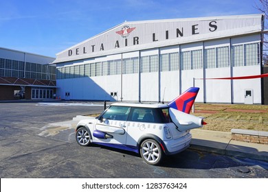 ATLANTA, GA -7 JAN 2019- View Of An Austin Mini Cooper Car Shaped Like An Airplane With Wings In Front Of The Delta Flight Museum At The Hartsfield-Jackson Atlanta International Airport (ATL).