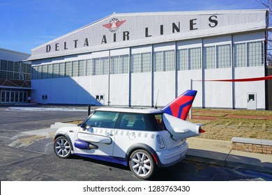 ATLANTA, GA -7 JAN 2019- View Of An Austin Mini Cooper Car Shaped Like An Airplane With Wings In Front Of The Delta Flight Museum At The Hartsfield-Jackson Atlanta International Airport (ATL).