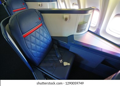 ATLANTA, GA -7 JAN 2019- Interior view of a Boeing 747-400 airplane from Delta Airlines (DL) at the Delta Flight Museum, located at the Hartsfield-Jackson Atlanta International Airport (ATL).