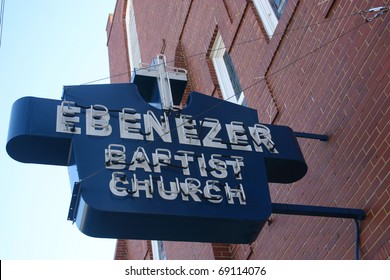 ATLANTA, GA - JAN 15: The historic sign for Ebenezer Baptist Church hangs during renovations, on what would have been Martin Luther King Jr's 82nd birthday, January 15, 2011, Atlanta.