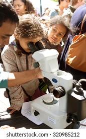 ATLANTA, GA - MARCH 28:  A Young Student Looks Through A Digital Microscope At The Atlanta Science Fair At Centennial Park On March 28, 2015 In Atlanta, GA.