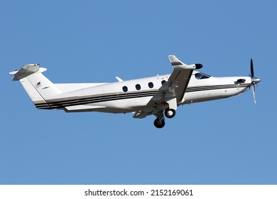 Atlanta, GA, USA - 01 March 2022:  Pilatus PC-12 Turboprop Private Aircraft, Taking off from Peachtree Dekalb Airport, Atlanta, GA.