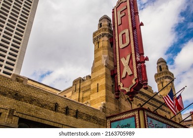 Atlanta, Ga USA - 03 19 20: Fox Theater Sign Downtown Atlanta Georgia Looking Up