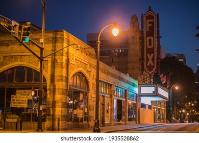 Atlanta, Ga USA - 06 14 20: Atlanta Empty Streets At Night Downtown Fox Theater And Buildings