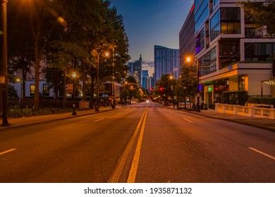 Atlanta, Ga USA - 06 14 20: Downtown Atlanta Night Covid-19 Lockdown Center Street View City Skyline And Lights