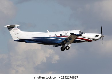 Atlanta, GA, USA - 31 March 2022:  Pilatus PC-12 Turboprop Private Aircraft, Taking off from Peachtree Dekalb Airport, Atlanta, GA.