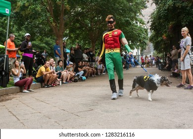 Atlanta, GA / USA - August 18 2018:  A Man Wearing A Robin Costume Walks His Dog Wearing A Batman Costume In Front Of Crowd Of Spectators At Doggy Con, A Dog Costume Contest In Atlanta, GA.