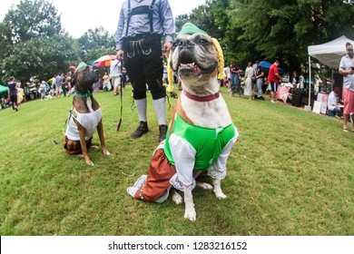 Atlanta, GA / USA - August 18 2018:  Two Dogs Wear Bavarian Costumes As Their Owner Wears Lederhosen, At Doggy Con, A Dog Costume Contest In Woodruff Park On August 18, 2018 In Atlanta, GA.