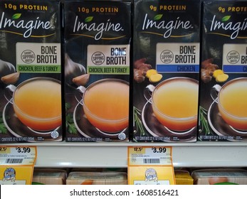 Atlanta, GA / USA - December 1st 2019: Boxed Bone Broth On Store Shelf. Great For Protein And Low Carb Trendy Health Food. Also Suitable For Intermittent Fasting. 