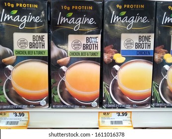 Atlanta, GA / USA - December 1st 2019: Boxed Bone Broth On Store Shelf. Great For Protein And Low Carb Trendy Health Food. Also Suitable For Intermittent Fasting. 