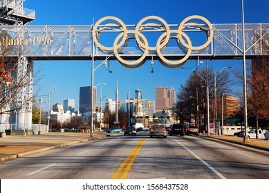 Atlanta, GA, USA February 28 The Olympic Rings hang over the Atlanta, Georgia skyline, a reminder of when the city hosted the games in 1992