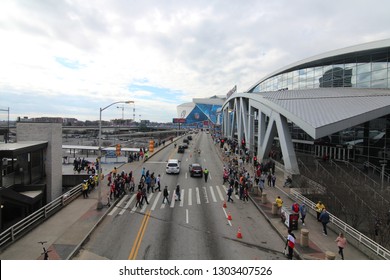 Atlanta, GA / USA - February 3, 2019: Superbowl 53 At Mercedez Benz Stadium And State Farm Arena In Downtown Atlanta Off Centennial Olympic Dr