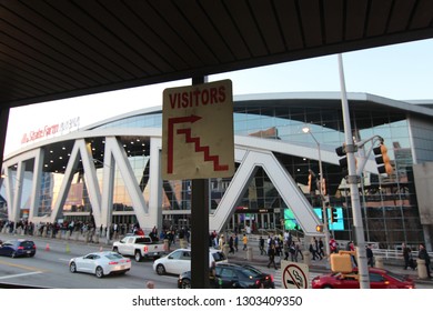 Atlanta, GA / USA - February 3, 2019: Superbowl 53 At Mercedez Benz Stadium And State Farm Arena In Downtown Atlanta With Visitors Sign