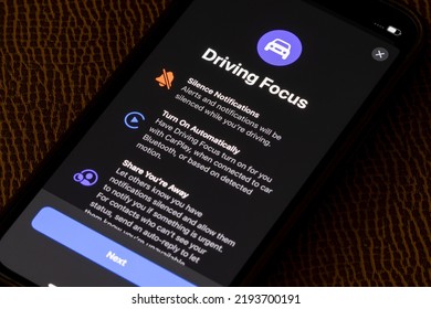 Atlanta, GA, USA - June 13, 2022: Driving Focus Setup Page Is Seen On An IPhone. Driving Focus Helps Users Stay Focused On The Road By Silencing Or Limiting Text Messages And Other Notifications.