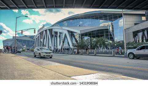 Atlanta, GA / USA - June 27, 2019:  State Farm Arena On 2019 NBA Draft Night In Downtown Atlanta, Georgia.