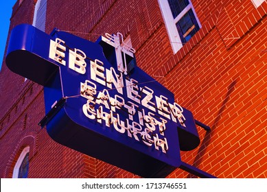 Atlanta, GA, USA March 1 A Sign Hangs Over Ebenezer Baptist Church, Where Martin Luther King Began His Civil Rights Movement In Atlanta