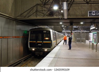 Atlanta, GA / USA - March 13, 2019: MARTA Transit Train Arriving At Lenox Station.