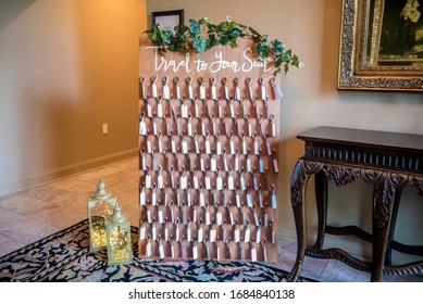 Atlanta, GA / USA - September 7th 2019: Travel Themed Wedding Idea For Party Favors - Displayed On Seating Chart Board.