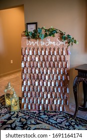 Atlanta, GA / USA - September 7th 2019: Travel Themed Wedding Idea For Party Favors - Displayed On Seating Chart Board.