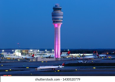 Atlanta, Georgia – April 2, 2019: Tower at Atlanta Airport (ATL) in the United States.