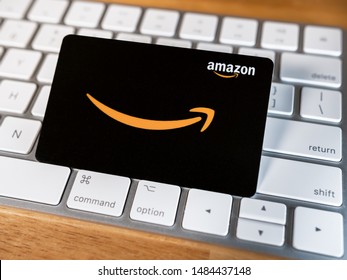 ATLANTA, GEORGIA - AUGUST 21, 2019 : Amazon gift cards can be used to purchase items from the Amazon.com website via computer or mobile device.